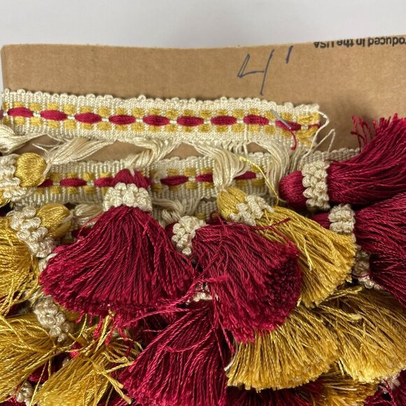 Silk 4 Yards Red & Gold Tassel Trim Embroidered Cream Band For Crafts & Decor - Picture 3 of 4